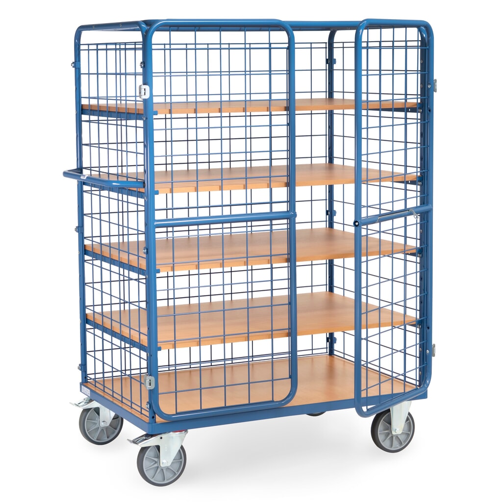Chariot fermé tôlé fetra®, capacité de charge de 600 kg, ridelles grillagées, porte à double battant, 5 étagères de 1 200 x 800 mm N° de l'image du produit 1 : Chariot fermé tôlé fetra®, capacité de charge de 600 kg, ridelles grillagées, porte à double battant, 5 étagères de 1 200 x 800 mm