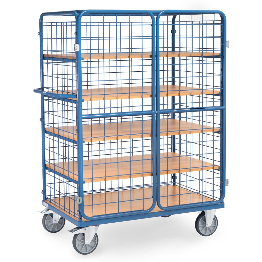 Chariot fermé tôlé fetra®, capacité de charge de 600 kg, ridelles grillagées, porte à double battant, 5 étagères de 1 200 x 800 mm N° de l'image du produit 4 : Chariot fermé tôlé fetra®, capacité de charge de 600 kg, ridelles grillagées, porte à double battant, 5 étagères de 1 200 x 800 mm