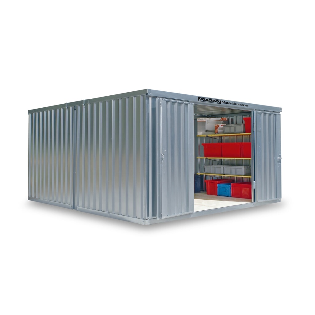 Illustration du produit: Combinaison de conteneur de matériaux FLADAFI®, démonté, 12 m², sans étagère, haut. x larg. x prof. 2 115 x 3 050 x 4 340 mm, porte à doubles battants (division asymétrique), au milieu du module
