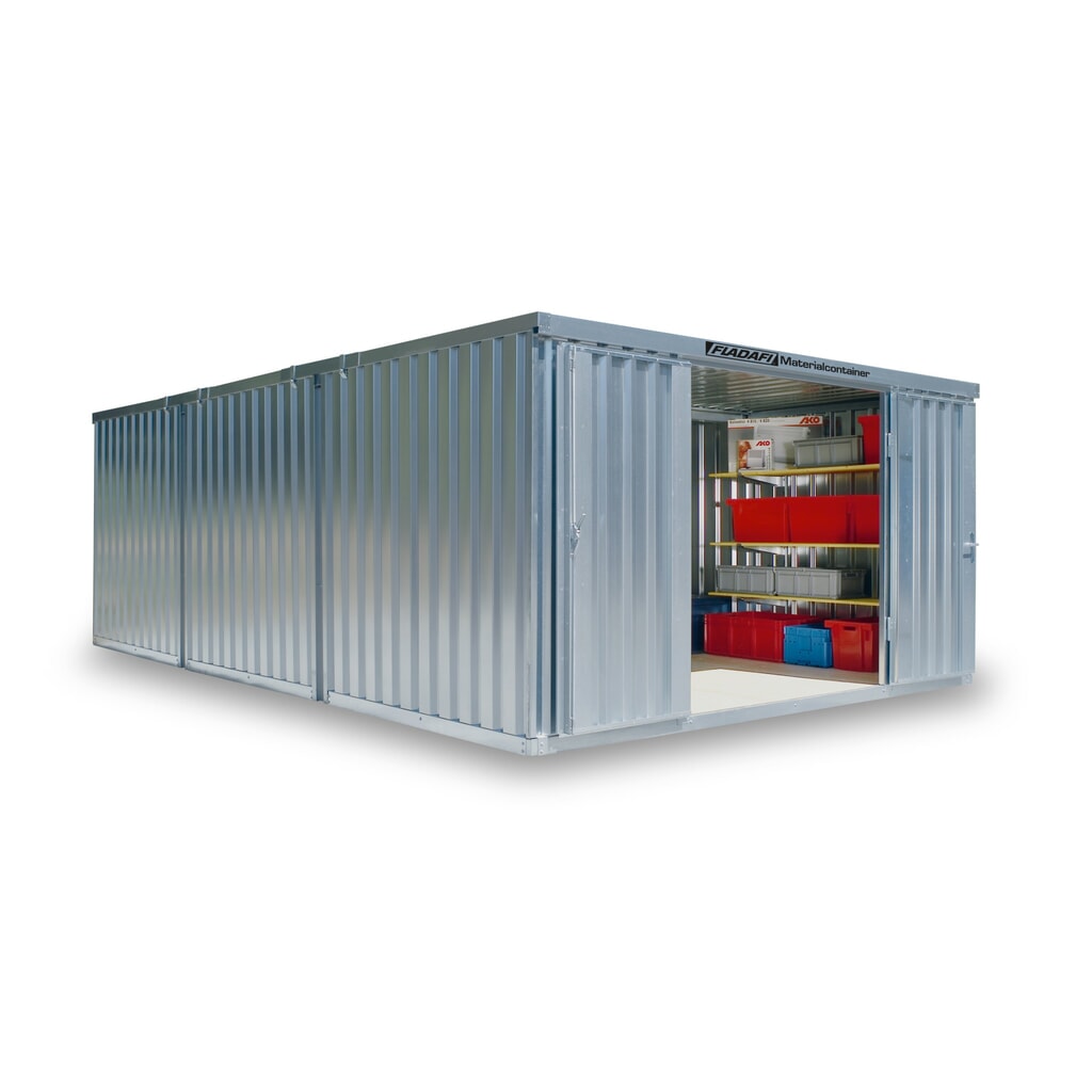 Combinaison de conteneur de matériaux FLADAFI®, démonté, 25 m², sans étagère, haut. x larg. x prof. 2 115 x 4 050 x 6 520 mm, porte à doubles battants (division asymétrique), centré à face avant, porte supplémentaire Illustration du produit: Combinaison de conteneur de matériaux FLADAFI®, démonté, 25 m², sans étagère, haut. x larg. x prof. 2 115 x 4 050 x 6 520 mm, porte à doubles battants (division asymétrique), centré à face avant, porte supplémentaire