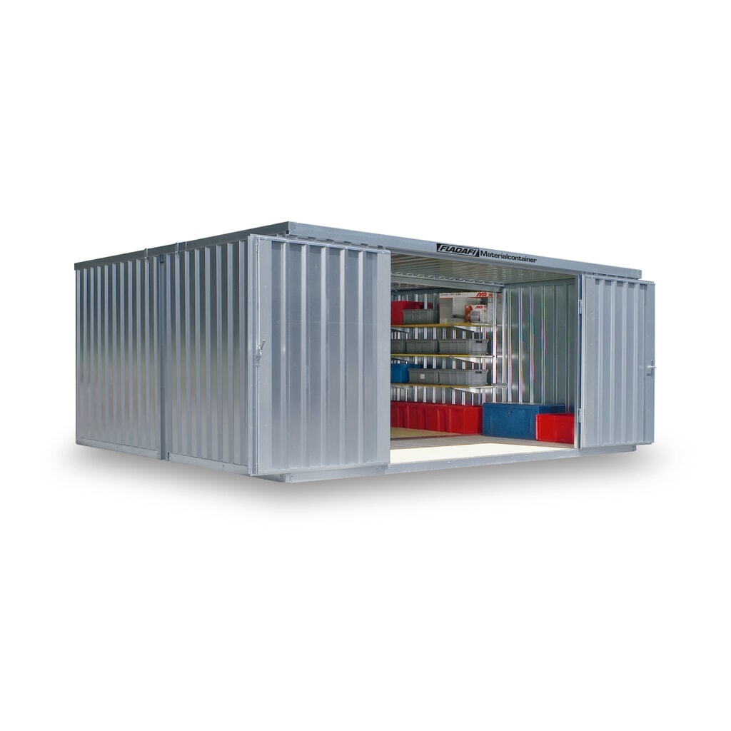 Combinaison de conteneur de matériaux FLADAFI®, démontée, 21 m², sans étagère, haut. x larg. x prof. 2 115 x 5 080 x 4 340 mm, porte à doubles battants (division asymétrique), au centre du module Illustration du produit: Combinaison de conteneur de matériaux FLADAFI®, démontée, 21 m², sans étagère, haut. x larg. x prof. 2 115 x 5 080 x 4 340 mm, porte à doubles battants (division asymétrique), au centre du module