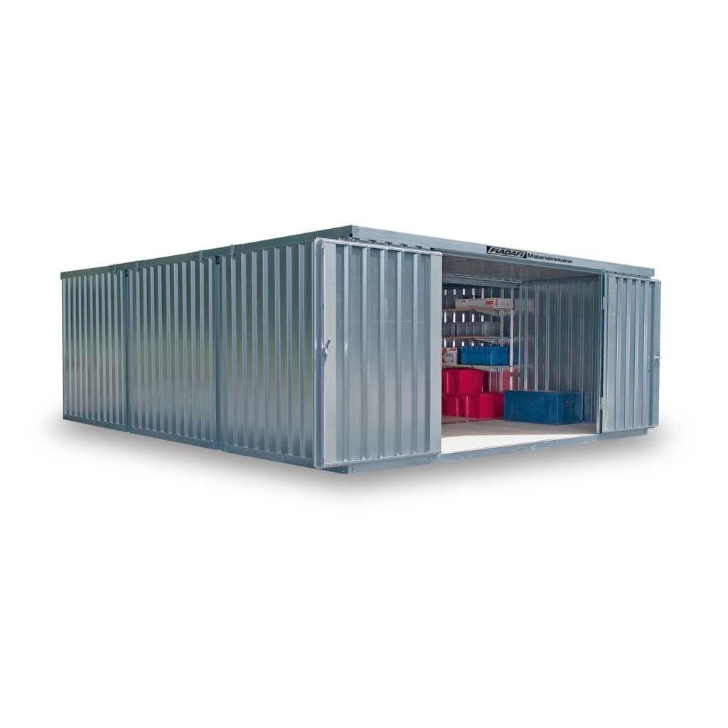 Illustration du produit: Combinaison de conteneur de matériaux FLADAFI®, démontée, 32 m², avec plancher en bois, haut. x larg. x prof. 2 150 x 5 080 x 6 520 mm, porte à doubles battants (division asymétrique), centrée sur la face avant