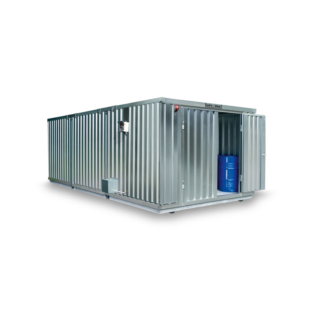 Combinaison de conteneurs pour substances dangereuses SAFE Tank 4000, ALG, galvanisés, prémontés, dimensions extérieures 5 380x4 340x2 300 mm, porte à doubles battants (division asymétrique), au milieu du côté long, surface de stockage 21 m² Illustration du produit: Combinaison de conteneurs pour substances dangereuses SAFE Tank 4000, ALG, galvanisés, prémontés, dimensions extérieures 5 380x4 340x2 300 mm, porte à doubles battants (division asymétrique), au milieu du côté long, surface de stockage 21 m²