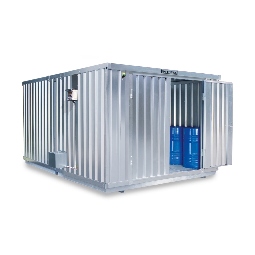 Combinaison de conteneurs pour substances dangereuses SAFE Tank 2000 ECO, à haut rendement énergétique grâce à la commande du ventilateur en fonction des portes à doubles battants (division asymétrique) dimensions extérieures Illustration du produit: Combinaison de conteneurs pour substances dangereuses SAFE Tank 2000 ECO, à haut rendement énergétique grâce à la commande du ventilateur en fonction des portes à doubles battants (division asymétrique) dimensions extérieures