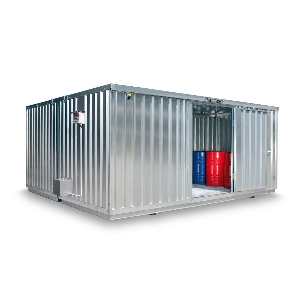 Combinaison de conteneurs pour substances dangereuses SAFE Tank 2000 ECO, à haut rendement énergétique grâce à la commande du ventilateur en fonction des besoins, dimensions extérieures 3 350x4 340x2 310 mm, porte à un battant, au milieu du Illustration du produit: Combinaison de conteneurs pour substances dangereuses SAFE Tank 2000 ECO, à haut rendement énergétique grâce à la commande du ventilateur en fonction des besoins, dimensions extérieures 3 350x4 340x2 310 mm, porte à un battant, au milieu du