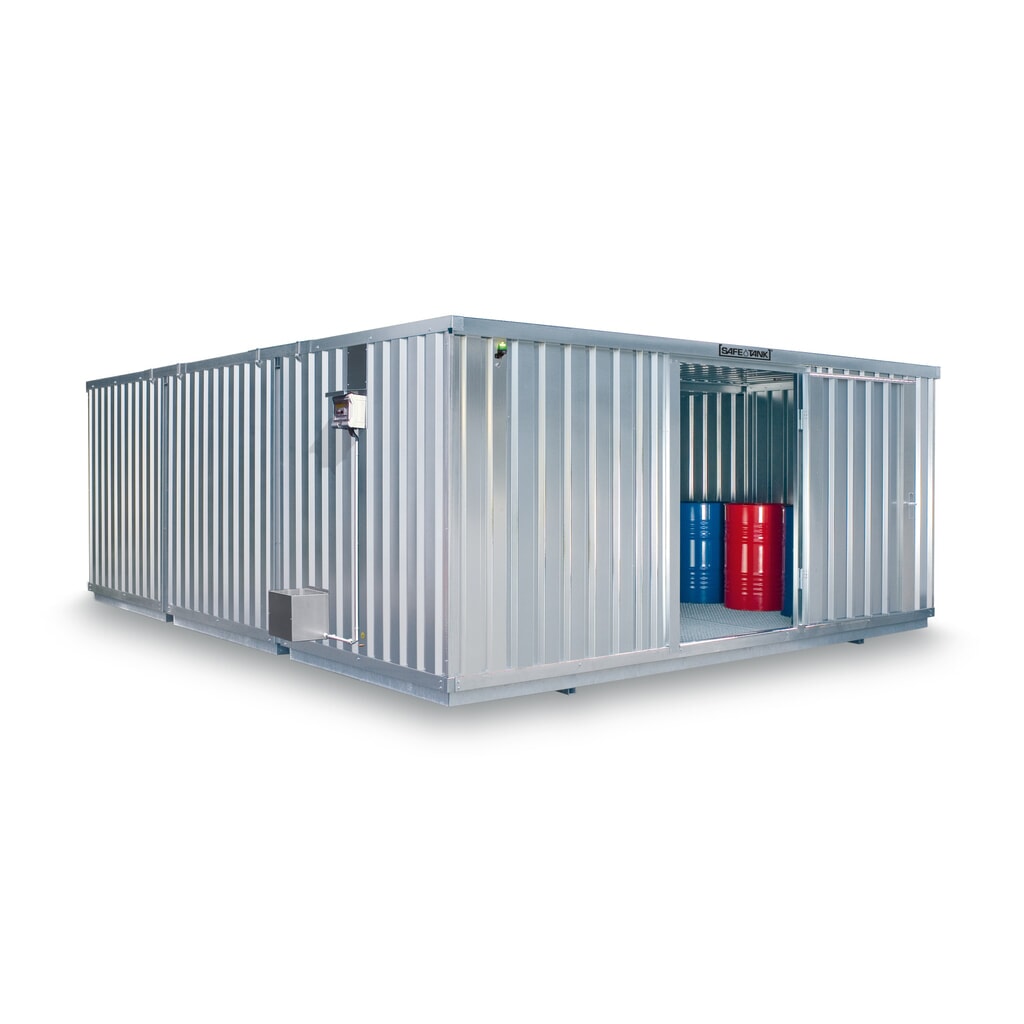 Combinaison de conteneurs pour substances dangereuses SAFE Tank 5000 ECO, à haut rendement énergétique grâce à la commande du ventilateur en fonction des besoins, dimensions extérieures 5 380x6 520x2 300 mm, porte à un battant, au centre du Illustration du produit: Combinaison de conteneurs pour substances dangereuses SAFE Tank 5000 ECO, à haut rendement énergétique grâce à la commande du ventilateur en fonction des besoins, dimensions extérieures 5 380x6 520x2 300 mm, porte à un battant, au centre du