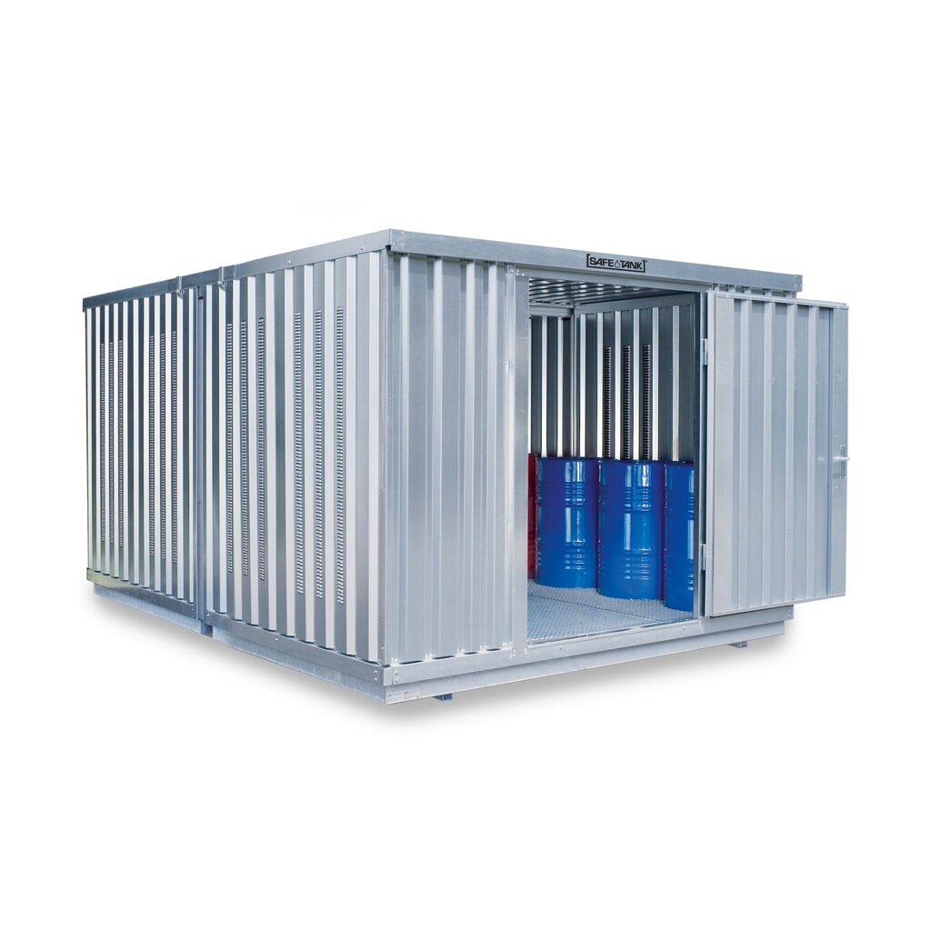 Combinaison de conteneurs pour substances dangereuses SAFE Tank 2000, PLG, galvanisés, prémontés, dimensions extérieures 3 050x4 340x2 310 mm, porte à un battant, au milieu du côté court, surface de stockage 12 m² N° de l'image du produit 1 : Combinaison de conteneurs pour substances dangereuses SAFE Tank 2000, PLG, galvanisés, prémontés, dimensions extérieures 3 050x4 340x2 310 mm, porte à un battant, au milieu du côté court, surface de stockage 12 m²