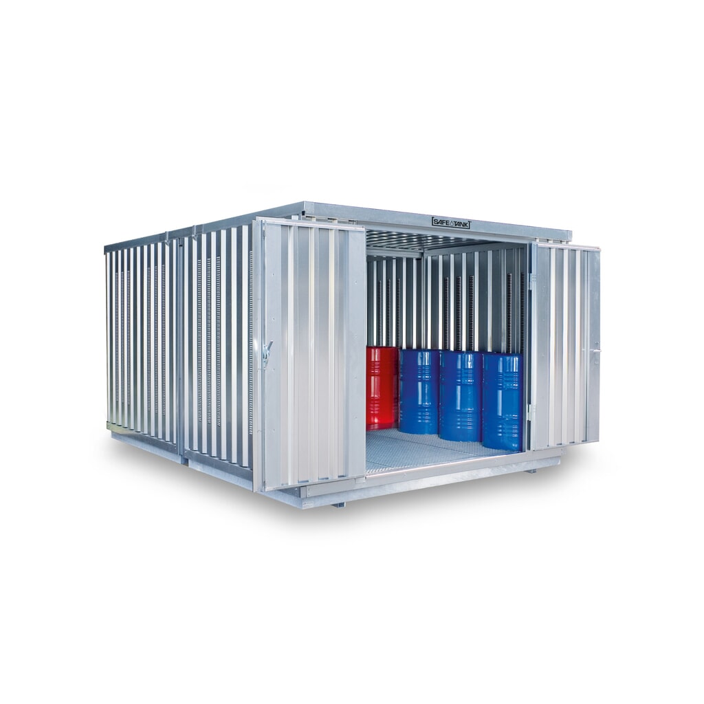 N° de l'image du produit 1 : Combinaison de conteneurs pour substances dangereuses SAFE Tank 2500, PLG, galvanisés, prémontés, dimensions extérieures 4 050x4 340x2 300 mm, porte à doubles battants (division asymétrique), au milieu du côté court, surface de stockage