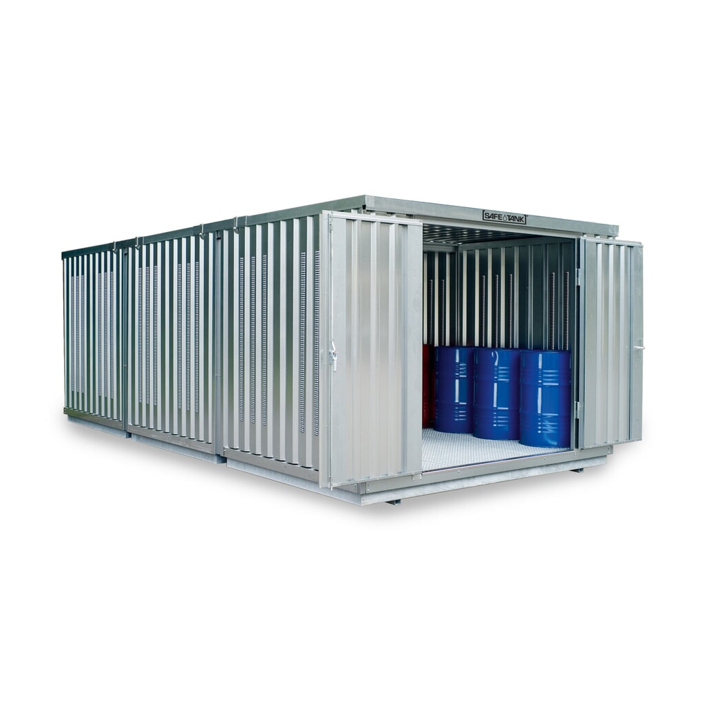 Combinaison de conteneurs pour substances dangereuses SAFE Tank 3000, PLG, galvanisés, prémontés, dimensions extérieures 3050x6520x2310 mm, porte à doubles battants (division asymétrique), au centre du côté court, porte supplémentaire, surface Illustration du produit: Combinaison de conteneurs pour substances dangereuses SAFE Tank 3000, PLG, galvanisés, prémontés, dimensions extérieures 3050x6520x2310 mm, porte à doubles battants (division asymétrique), au centre du côté court, porte supplémentaire, surface