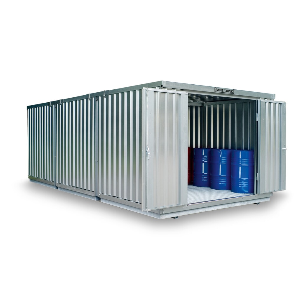Combinaison de conteneurs pour substances dangereuses SAFE Tank 3000, pour WGK 1-3, galvanisés, prémontés, dimensions extérieures 3 050x6 520x2 310 mm, porte à doubles battants (division asymétrique), au milieu du côté court, porte Illustration du produit: Combinaison de conteneurs pour substances dangereuses SAFE Tank 3000, pour WGK 1-3, galvanisés, prémontés, dimensions extérieures 3 050x6 520x2 310 mm, porte à doubles battants (division asymétrique), au milieu du côté court, porte