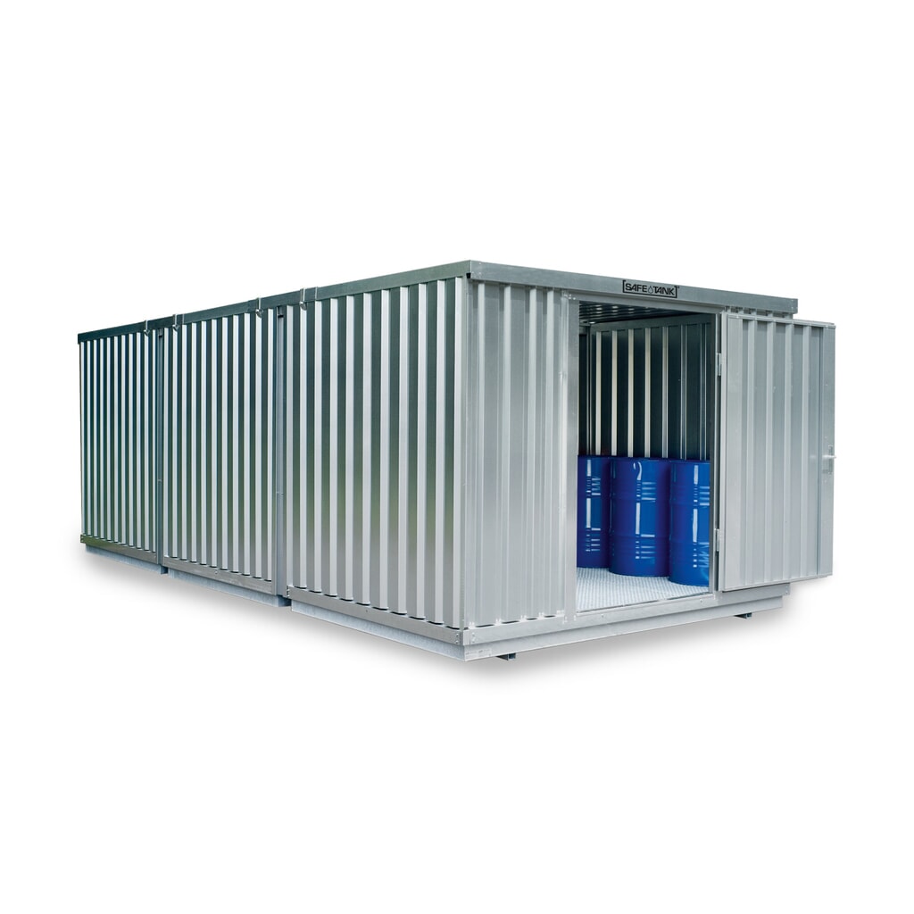 Illustration du produit: Combinaison de conteneurs pour substances dangereuses SAFE Tank 5000, pour WGK 1-3, galvanisés, prémontés, dimensions extérieures 5 080x6 520x2 300 mm, porte à doubles battants (division asymétrique), au centre du module, surface de stockage