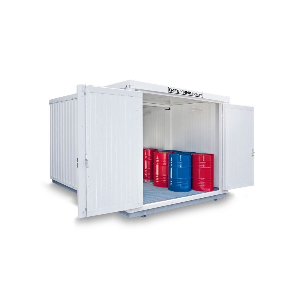 Combinaison de conteneurs pour substances dangereuses SAFE Tank 2500 WGK 1-3, isolés, prémontés, revêtement plastique RAL 9002, dimensions extérieures 4 050x4 340x2 510 mm, porte à doubles battants (division asymétrique), latéral dans le Illustration du produit: Combinaison de conteneurs pour substances dangereuses SAFE Tank 2500 WGK 1-3, isolés, prémontés, revêtement plastique RAL 9002, dimensions extérieures 4 050x4 340x2 510 mm, porte à doubles battants (division asymétrique), latéral dans le