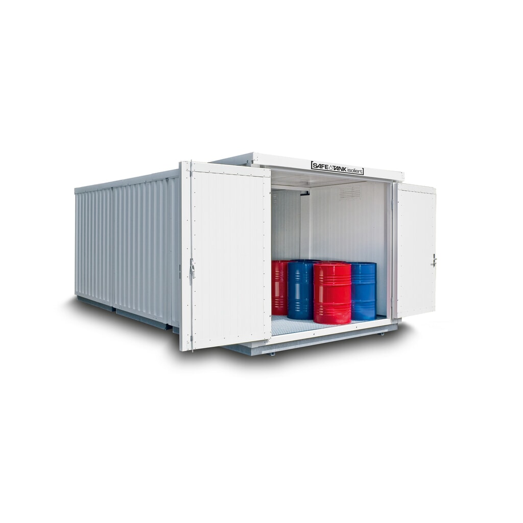 Combinaison de conteneurs pour substances dangereuses SAFE Tank 3500 WGK 1-3, isolés, prémontés, revêtement plastique RAL 9002, dimensions extérieures 4 050x6 520x2 510 mm, porte à doubles battants (division asymétrique), au centre du côté Illustration du produit: Combinaison de conteneurs pour substances dangereuses SAFE Tank 3500 WGK 1-3, isolés, prémontés, revêtement plastique RAL 9002, dimensions extérieures 4 050x6 520x2 510 mm, porte à doubles battants (division asymétrique), au centre du côté