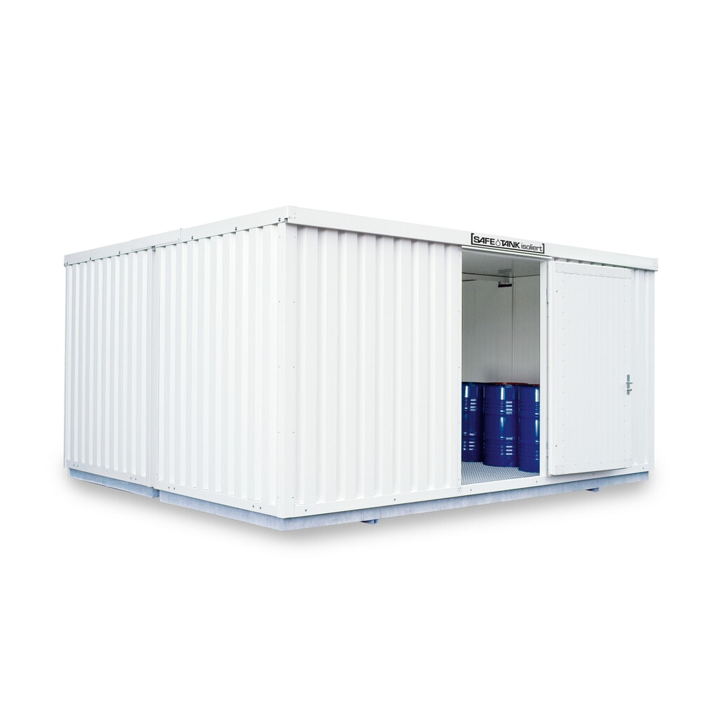 Illustration du produit: Combinaison de conteneurs pour substances dangereuses SAFE Tank 4000 WGK, isolés, prémontés, revêtement plastique RAL 9002, dimensions extérieures 5 080x4 340x2 520 mm, porte à un battant, au centre du côté large, surface de stockage 20 m²