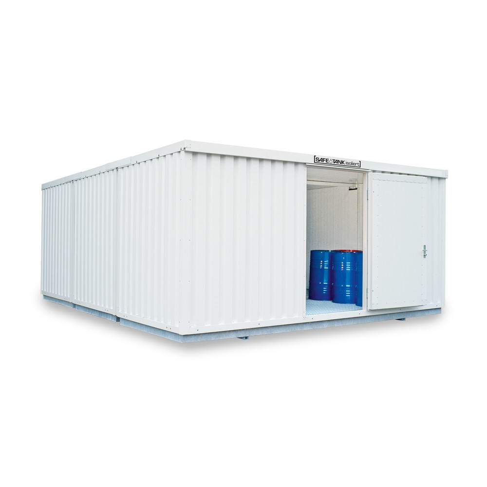 Numéro de l'image du produit 1: Combinaison de conteneurs pour substances dangereuses SAFE Tank 4000 WGK, isolés, prémontés, revêtement plastique RAL 9002, dimensions extérieures 5 080x6 520x2 520 mm, porte à un battant, au centre du côté large, surface de stockage 30 m²