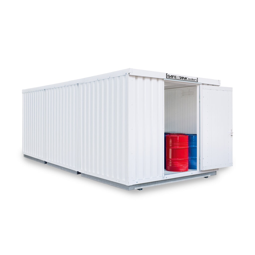 Combinaison de conteneurs pour substances dangereuses SAFE Tank 2500 WGK 1-3, isolés, prémontés, revêtement plastique RAL 9002, dimensions extérieures 4 050x6 520x2 510 mm, porte à un battant, au centre du côté avant, surface de stockage Illustration du produit: Combinaison de conteneurs pour substances dangereuses SAFE Tank 2500 WGK 1-3, isolés, prémontés, revêtement plastique RAL 9002, dimensions extérieures 4 050x6 520x2 510 mm, porte à un battant, au centre du côté avant, surface de stockage
