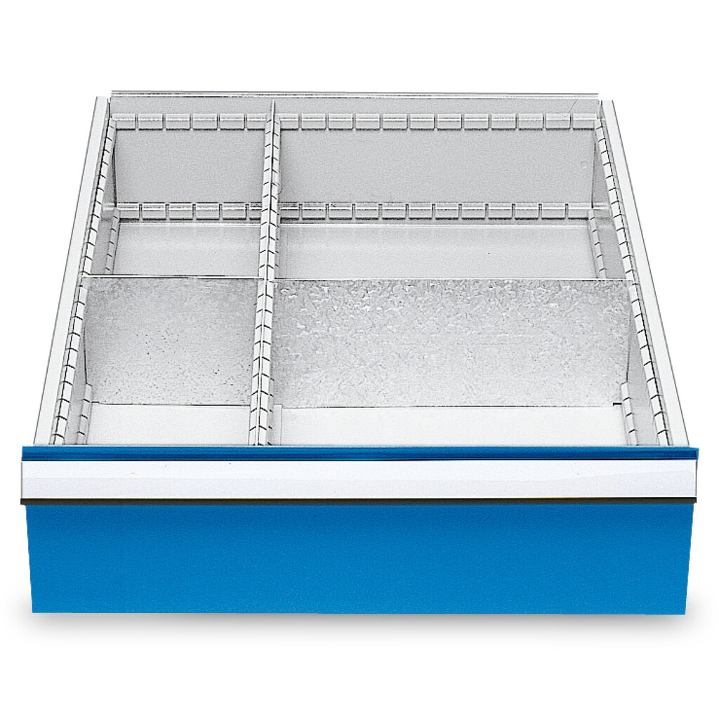 Illustration du produit: Compartimentage de tiroir métallique pour établis en ligne Bedrunka+Hirth, pour une hauteur de façade de 150 mm, 4 compartiments