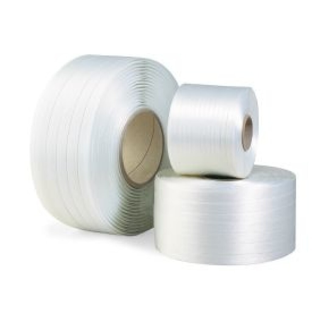 Illustration du produit: Feuillard en polyester composite, 16 mm x 600 m, diamètre de l'âme 200 mm, résistance à la déchirure 550 kp, blanc