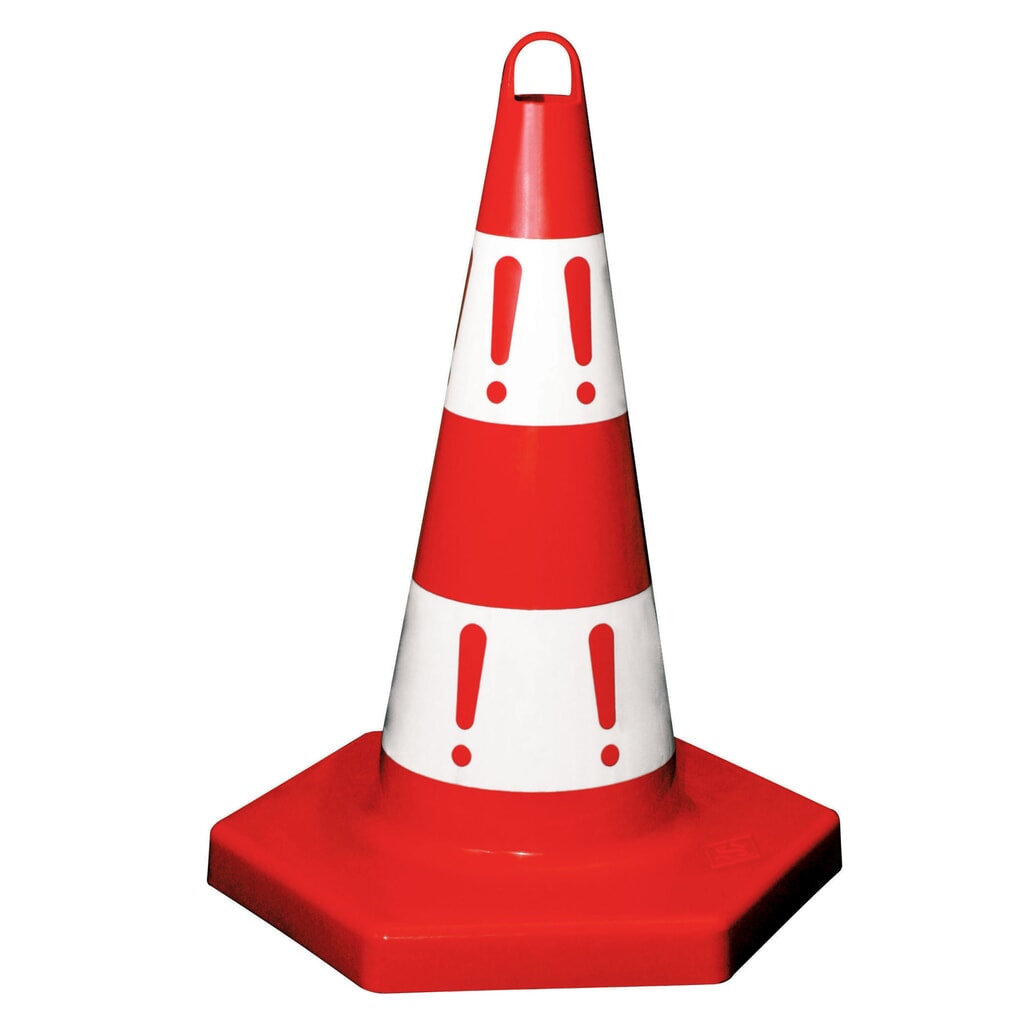 Cône de signalisation en PP, solide, hauteur de 500 mm, rouge/blanc, imprimé « ! » Illustration du produit: Cône de signalisation en PP, solide, hauteur de 500 mm, rouge/blanc, imprimé « ! »