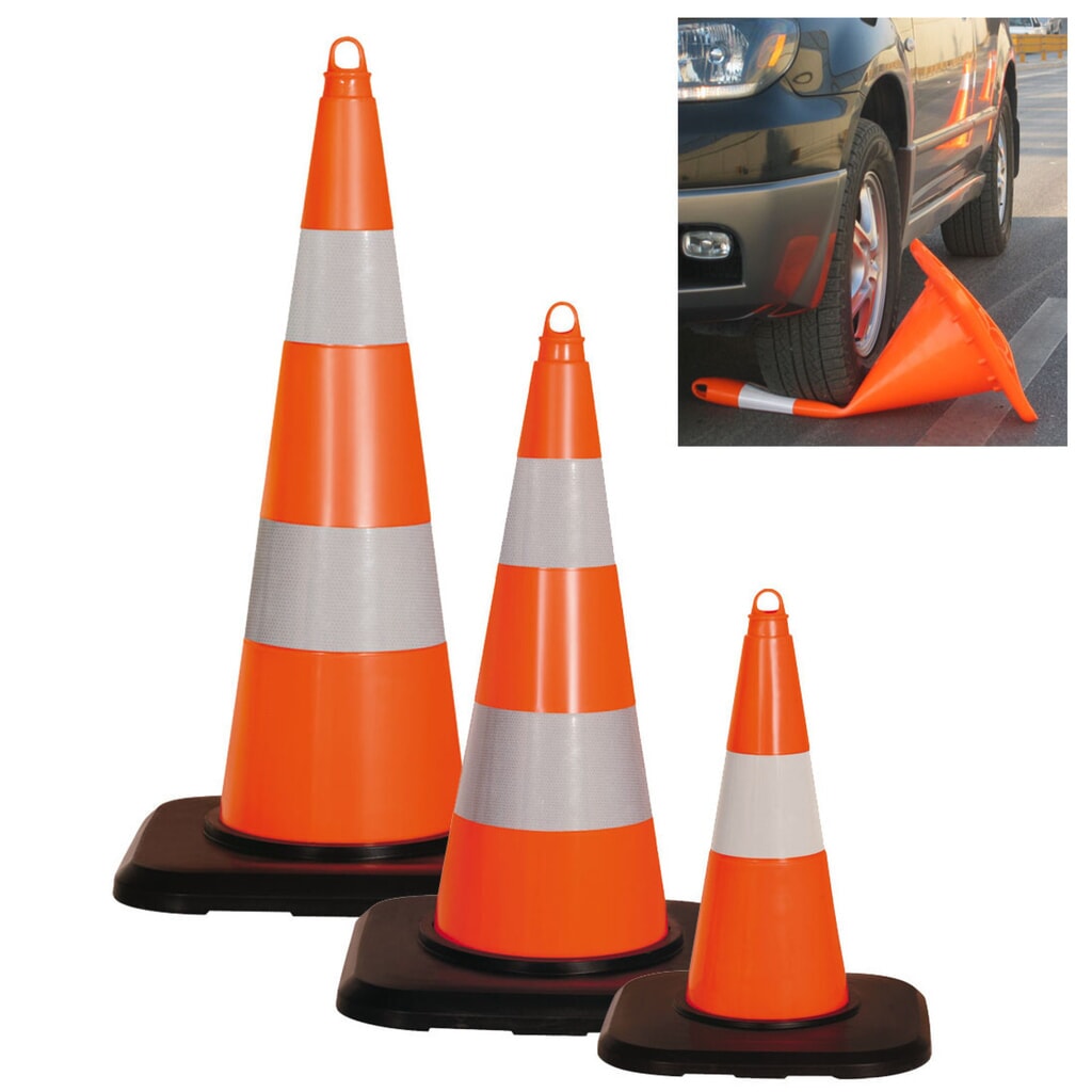 Illustration du produit: Cône de signalisation en PVC, pratiquable, rétroréfléchissant, hauteur de 900 mm, support sur pied noir