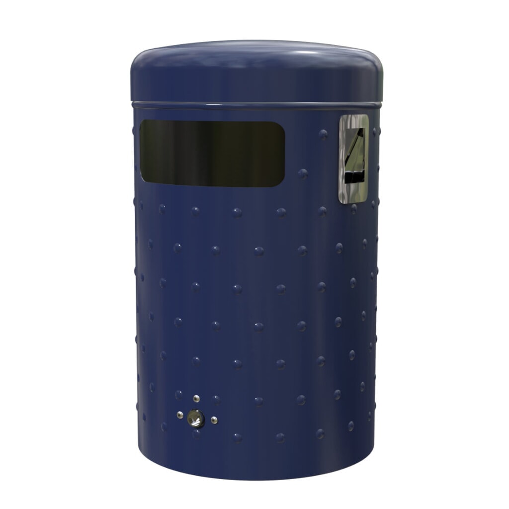 Conteneur à déchets RENNER avec vidage par le fond et cendrier chromé modèle 7022, ronde, 50 litres, design avec tôle alvéolée, galvanisée à chaud Illustration du produit: Conteneur à déchets RENNER avec vidage par le fond et cendrier chromé modèle 7022, ronde, 50 litres, design avec tôle alvéolée, galvanisée à chaud