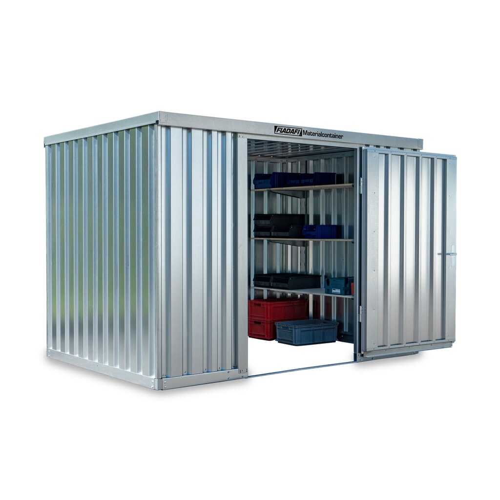 Illustration du produit: Conteneur à matériaux FLADAFI®, galvanisé, démonté, 6 m², sans étagère, haut. x larg. x prof. 2 115 x 3 050 x 2 170 mm, porte à un battant, centrée en face avant