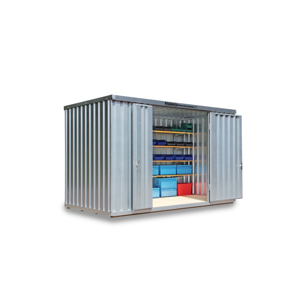 Illustration du produit: Conteneur à matériaux FLADAFI®, galvanisé, assemblé, XL 10 m², avec plancher en bois, haut. x larg. x prof. 2 532 x 5 080 x 2 170 mm, Porte à doubles battants ( division asymétrique), au centre de la face avant