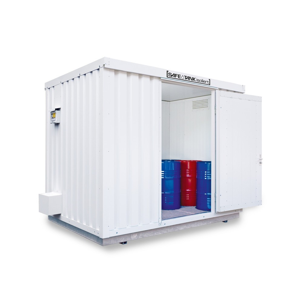 Numéro de l'image du produit 1: Conteneur pour substances dangereuses SAFE Tank 1000 ALG, isolé, installation à l'extérieur, complètement monté, revêtement plastique RAL 9002, dimensions extérieures 3 350x2 170x2 560 mm, porte à un battant, au centre du côté avant, surface