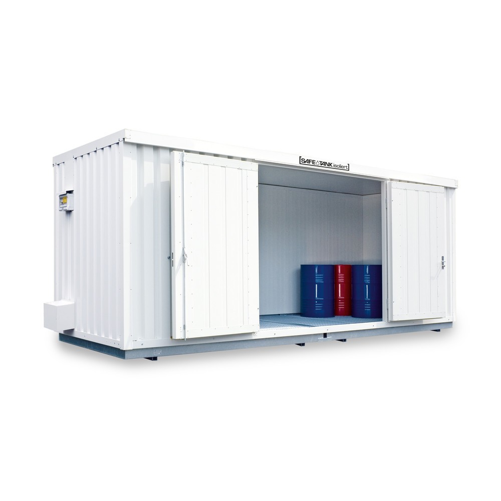 Numéro de l'image du produit 1: Conteneur pour substances dangereuses SAFE Tank 1700 ALG, isolé, installation à l'extérieur, complètement monté, revêtement plastique RAL 9002, dimensions extérieures 5 380x2 170x2 520 mm, porte à doubles battants, au centre du côté large,