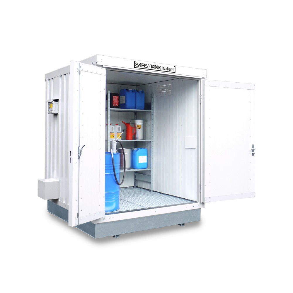 Illustration du produit: Conteneur pour substances dangereuses SAFE Tank 400 KTC ALG, isolé, installation à l'extérieur, monté, revêtement plastique RAL 9002, dimensions extérieures 2 400x2 170x2 650 mm, porte à doubles battants (division asymétrique), au centre du
