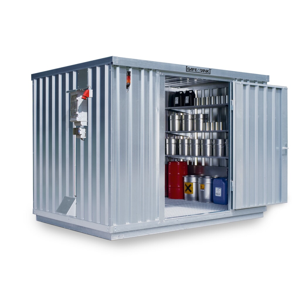 Conteneur pour substances dangereuses SAFE Tank 1000 CONTROL, dispositif antidéflagrant automatisé pour une efficacité énergétique et une sécurité maximales, dimensions extérieures 3 350x2 170x2 310 mm, porte à un battant, au centre du côté Illustration du produit: Conteneur pour substances dangereuses SAFE Tank 1000 CONTROL, dispositif antidéflagrant automatisé pour une efficacité énergétique et une sécurité maximales, dimensions extérieures 3 350x2 170x2 310 mm, porte à un battant, au centre du côté