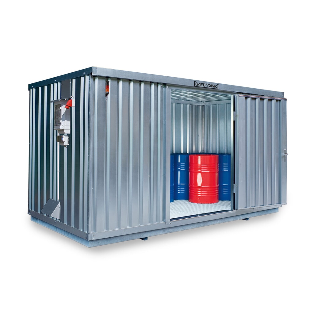 Conteneur pour substances dangereuses SAFE Tank 1350 CONTROL, dispositif antidéflagrant automatisé pour une efficacité énergétique et une sécurité maximales, dimensions extérieures 4 350x2 170x2 300 mm, porte à doubles battants, au centre du Illustration du produit: Conteneur pour substances dangereuses SAFE Tank 1350 CONTROL, dispositif antidéflagrant automatisé pour une efficacité énergétique et une sécurité maximales, dimensions extérieures 4 350x2 170x2 300 mm, porte à doubles battants, au centre du