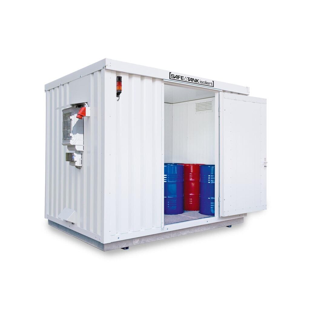 N° de l'image du produit 1 : Conteneur pour substances dangereuses SAFE Tank 1000 isolé CONTROL, dispositif antidéflagrant automatisé pour une efficacité énergétique et une sécurité maximales, dimensions extérieures 3 350x2 170x2 560 mm, porte à un battant, au centre du