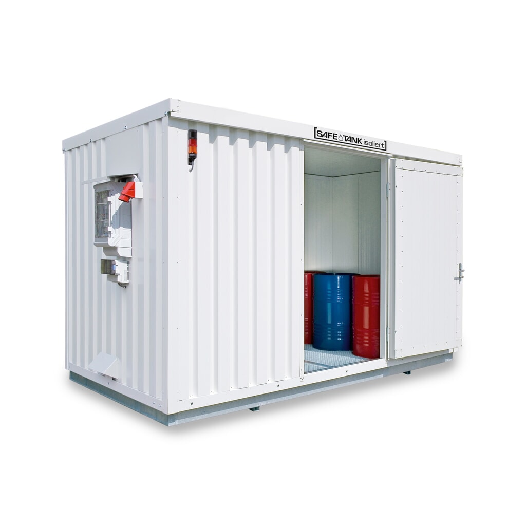 Conteneur pour substances dangereuses SAFE Tank 1350 isolé CONTROL, dispositif antidéflagrant automatisé pour une efficacité énergétique et une sécurité maximales, dimensions extérieures 4 350x2 170x2 510 mm, porte à un battant, au centre du Illustration du produit: Conteneur pour substances dangereuses SAFE Tank 1350 isolé CONTROL, dispositif antidéflagrant automatisé pour une efficacité énergétique et une sécurité maximales, dimensions extérieures 4 350x2 170x2 510 mm, porte à un battant, au centre du