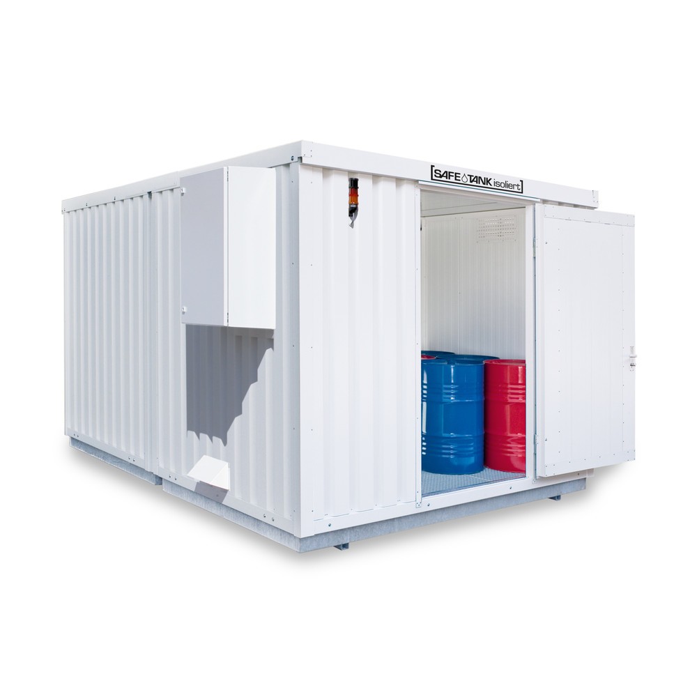 Numéro de l'image du produit 1: Conteneur pour substances dangereuses SAFE Tank 2000 isolé CONTROL, dispositif antidéflagrant automatisé pour une efficacité énergétique et une sécurité maximales, dimensions extérieures 3 350x4 340x2 560 mm, porte à un battant, au centre du