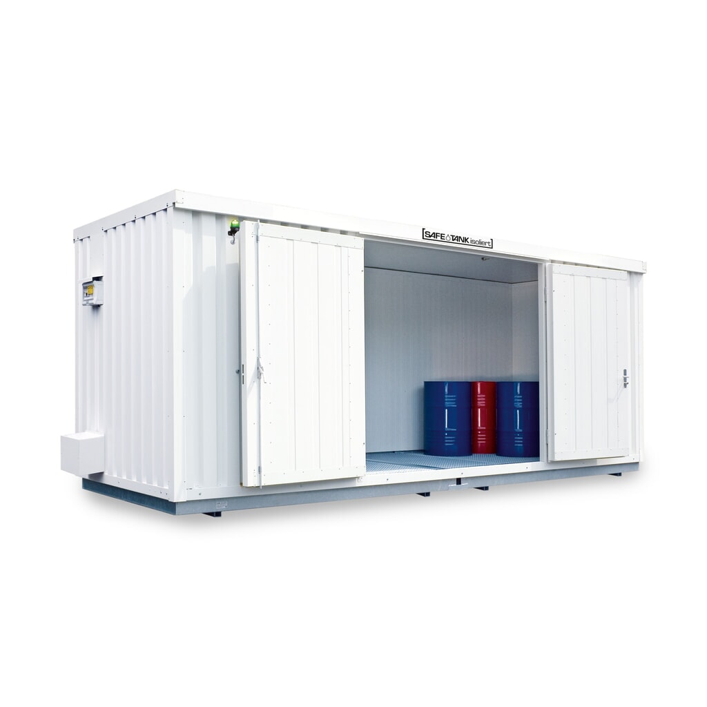 Illustration du produit: Conteneur pour substances dangereuses SAFE Tank 3000 ECO, efficacité énergétique grâce à la commande du ventilateur en fonction des besoins, dimensions extérieures 3 350x6 520x2 560 mm, porte à doubles battants, latéral dans le côté de 2 m,