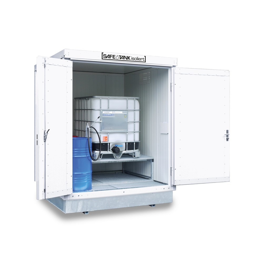 Numéro de l'image du produit 1: Conteneur pour substances dangereuses SAFE Tank 400 KTC WGK, isolé, monté, revêtement plastique RAL 9002, dimensions extérieures 2 100x2 170x2 650 mm, porte à doubles battants (division asymétrique), au centre du côté avant, surface de