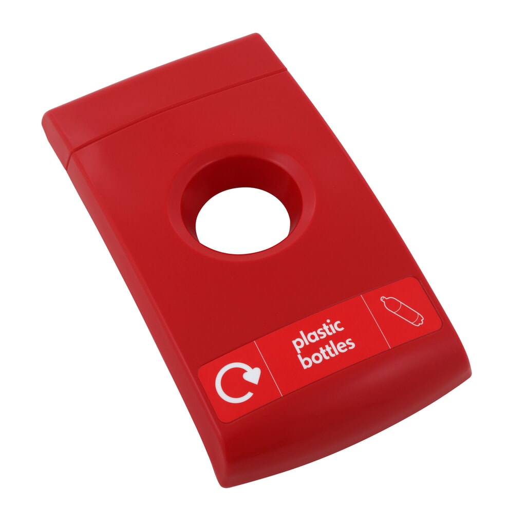 Couvercle pour poubelles Midi/Mini ENVIROBIN, rouge, inscription « plastic bottles » Illustration du produit: Couvercle pour poubelles Midi/Mini ENVIROBIN, rouge, inscription « plastic bottles »