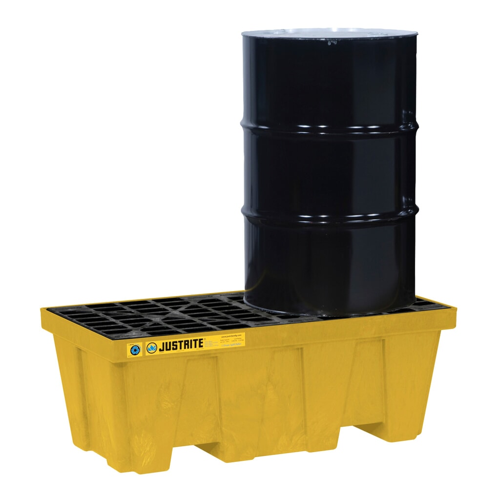 Justrite® bac de rétention en plastique recyclé à 100 %, pour 2 fûts de 200 litres, contenance 250 l, jaune Illustration du produit: Justrite® bac de rétention en plastique recyclé à 100 %, pour 2 fûts de 200 litres, contenance 250 l, jaune