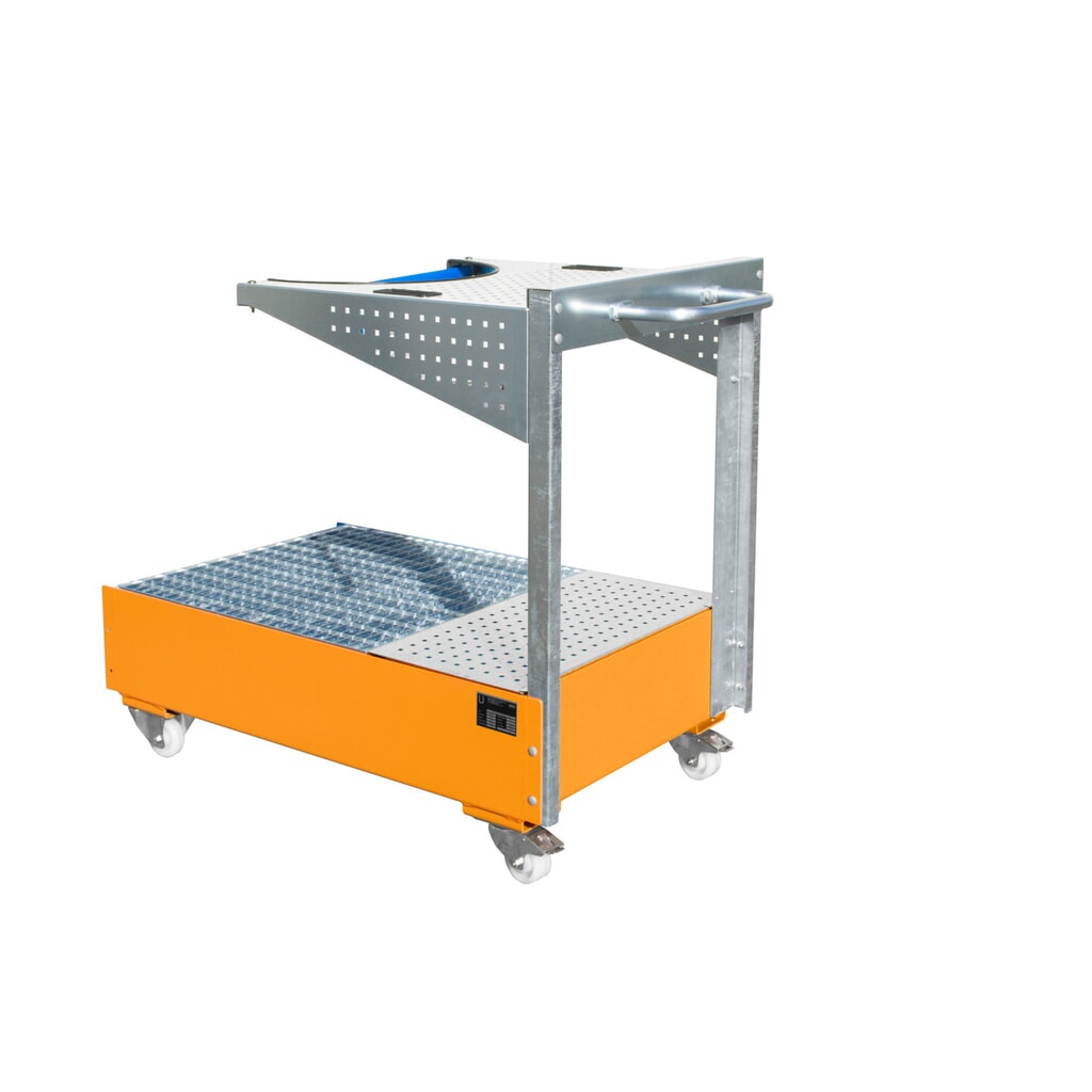 Bac de rétention mobile Bauer® en acier LPW, avec console pour panneau perforé et sangle de fixation, jaune-orange Illustration du produit: Bac de rétention mobile Bauer® en acier LPW, avec console pour panneau perforé et sangle de fixation, jaune-orange