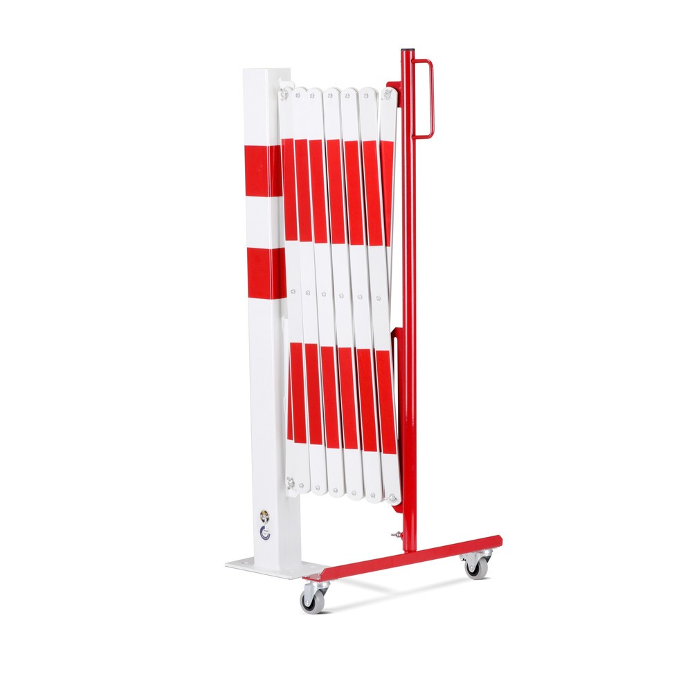 N° de l'image du produit 3 : dancop Barrière extensible, 1 pied à roulette, 1 borne, largeur 4 000 mm, rouge/blanc
