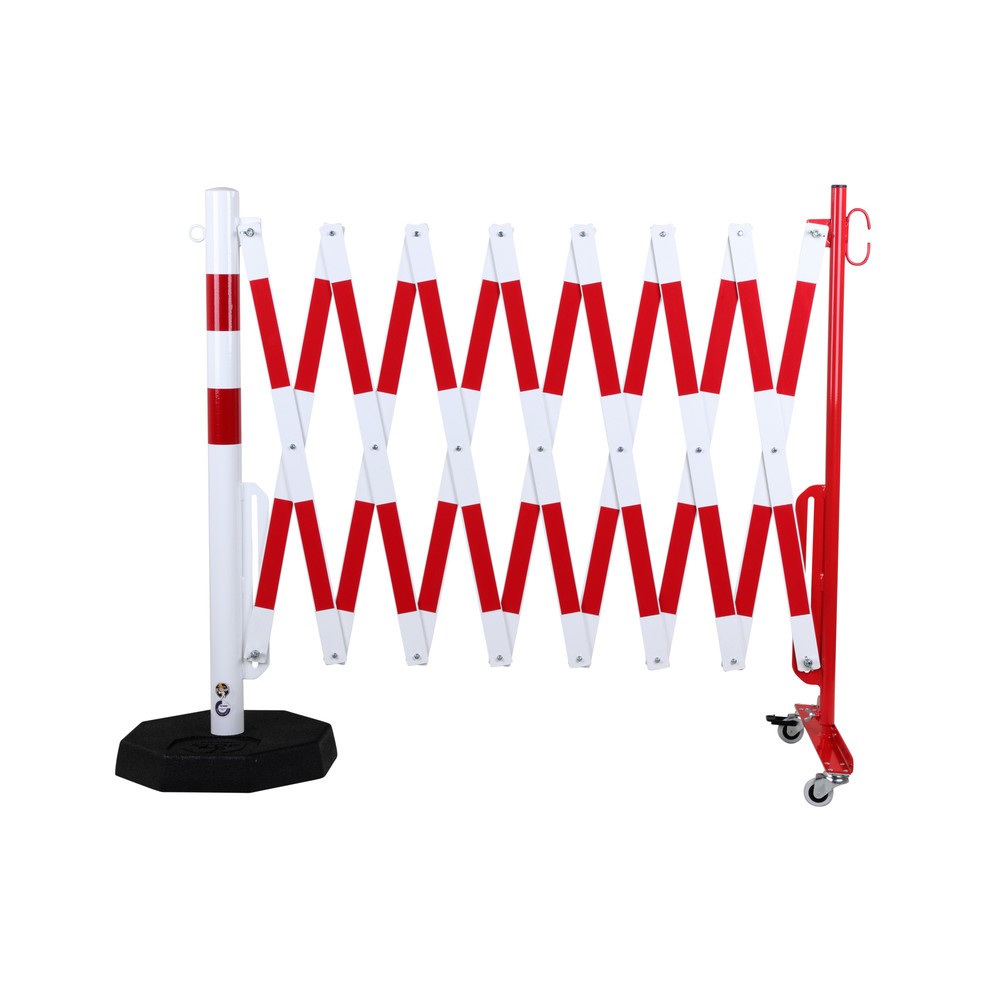Numéro de l'image du produit 1: dancop Barrière extensible, 1 pied à roulette, 1 poteau stabilisateur, largeur 4 000 mm, rouge/blanc