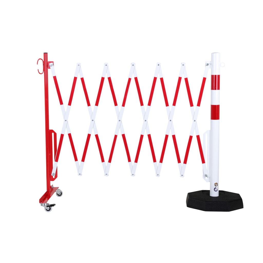 dancop Barrière extensible, 1 pied à roulette, 1 poteau stabilisateur, largeur 3 600 mm, rouge/blanc Illustration du produit: dancop Barrière extensible, 1 pied à roulette, 1 poteau stabilisateur, largeur 3 600 mm, rouge/blanc