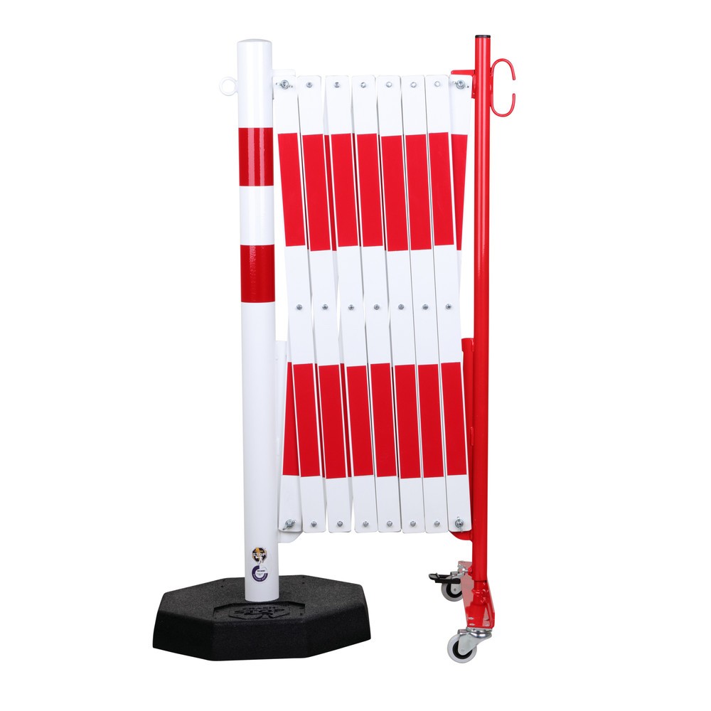 Numéro de l'image du produit 3: dancop Barrière extensible, 1 pied à roulette, 1 poteau stabilisateur, largeur 4 000 mm, rouge/blanc