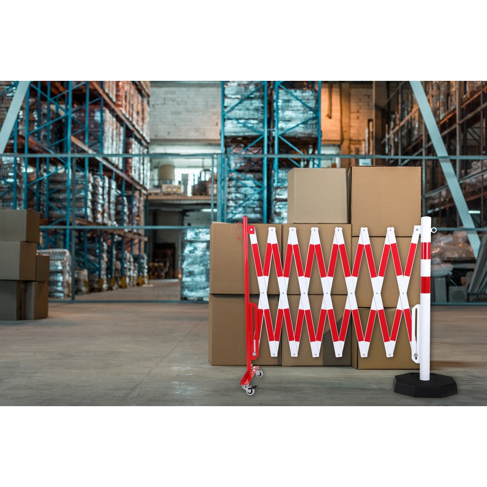 Numéro de l'image du produit 4: dancop Barrière extensible, 1 pied à roulette, 1 poteau stabilisateur, largeur 4 000 mm, rouge/blanc