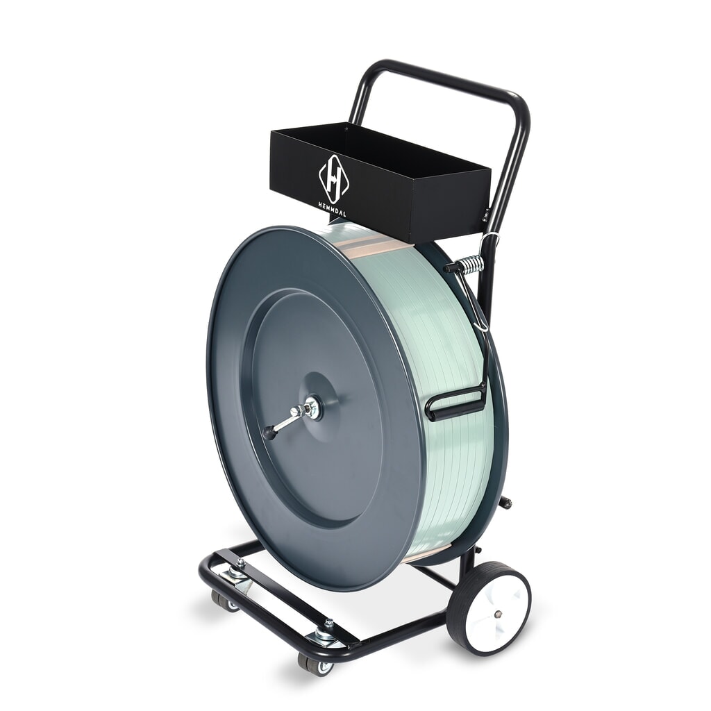 Illustration du produit: Dévidoir HEMMDAL pour feuillard de cerclage PP/PET, système ergonomique à 4 roues, diamètre du noyau 406 mm