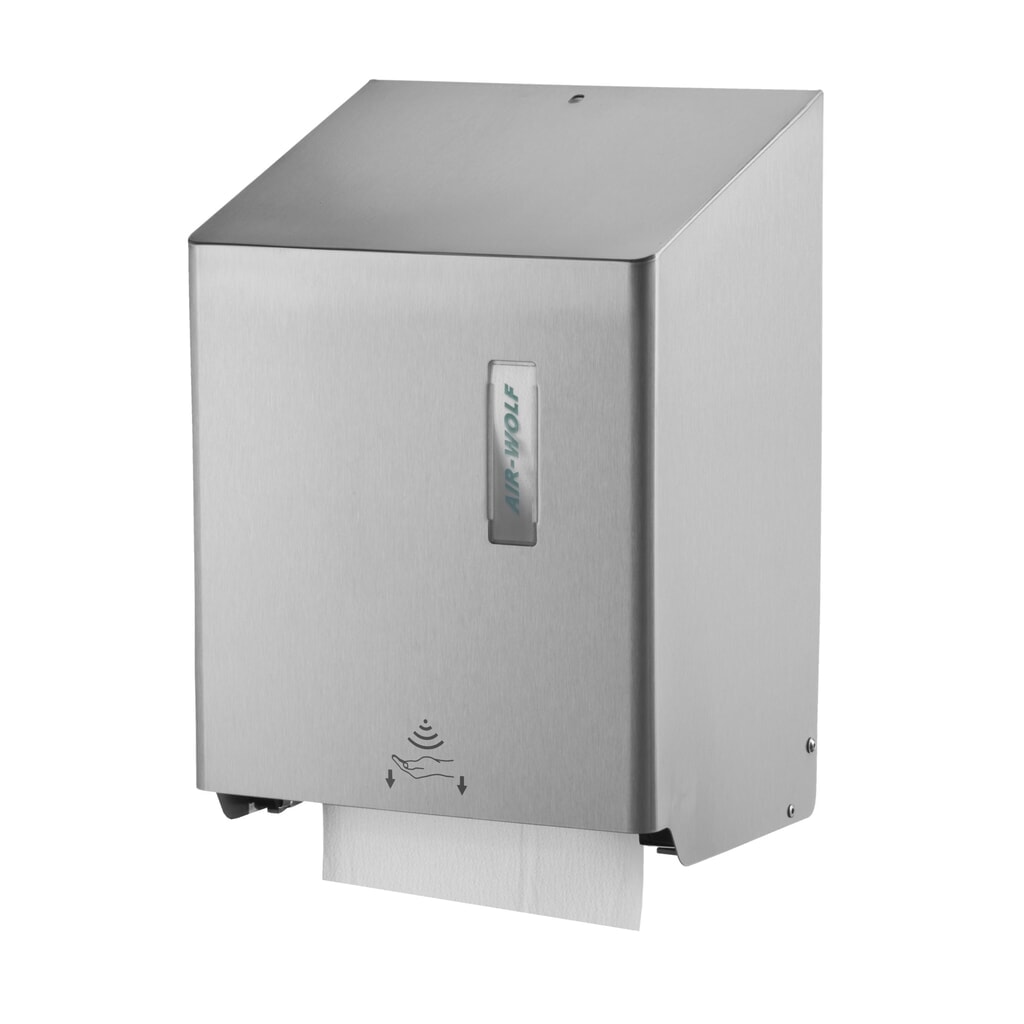 Distributeur automatique d’essuie-mains en papier Air-Wolf en acier inoxydable brossé Illustration du produit: Distributeur automatique d’essuie-mains en papier Air-Wolf en acier inoxydable brossé