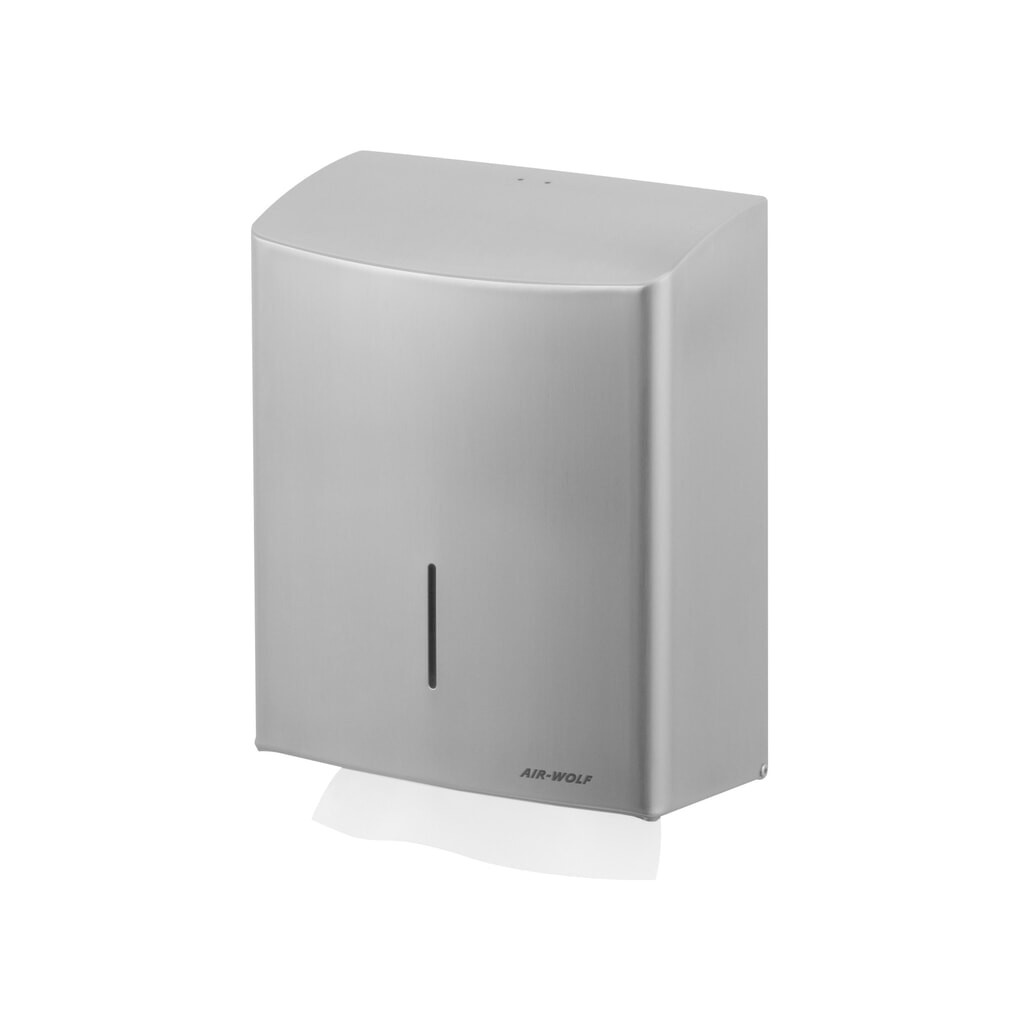 Distributeur d’essuie-mains en papier Air-Wolf pour jusqu’à 600 essuie-mains pliés en acier inoxydable brossé Illustration du produit: Distributeur d’essuie-mains en papier Air-Wolf pour jusqu’à 600 essuie-mains pliés en acier inoxydable brossé