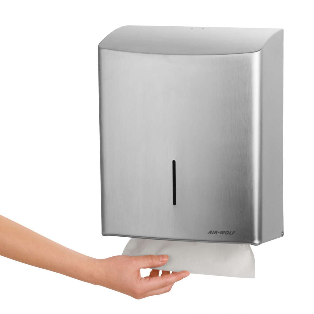 Distributeur d’essuie-mains en papier Air-Wolf pour jusqu’à 600 essuie-mains pliés en acier inoxydable brossé N° de l'image du produit 5 : Distributeur d’essuie-mains en papier Air-Wolf pour jusqu’à 600 essuie-mains pliés en acier inoxydable brossé