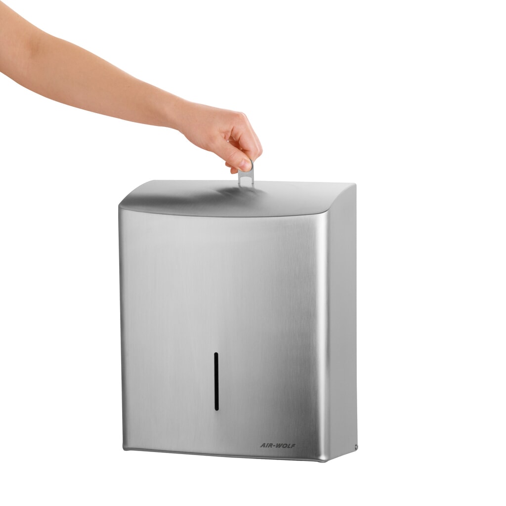 Distributeur d’essuie-mains en papier Air-Wolf pour jusqu’à 600 essuie-mains pliés en acier inoxydable brossé N° de l'image du produit 8 : Distributeur d’essuie-mains en papier Air-Wolf pour jusqu’à 600 essuie-mains pliés en acier inoxydable brossé